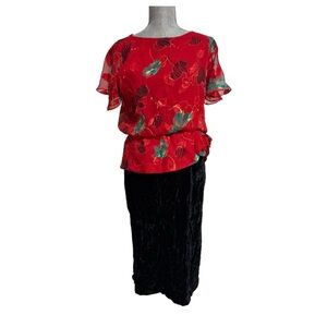 Romantic Red Sheer Floral Blouse & Velvet Skirt Set | Mob Wife Vintage Vibes